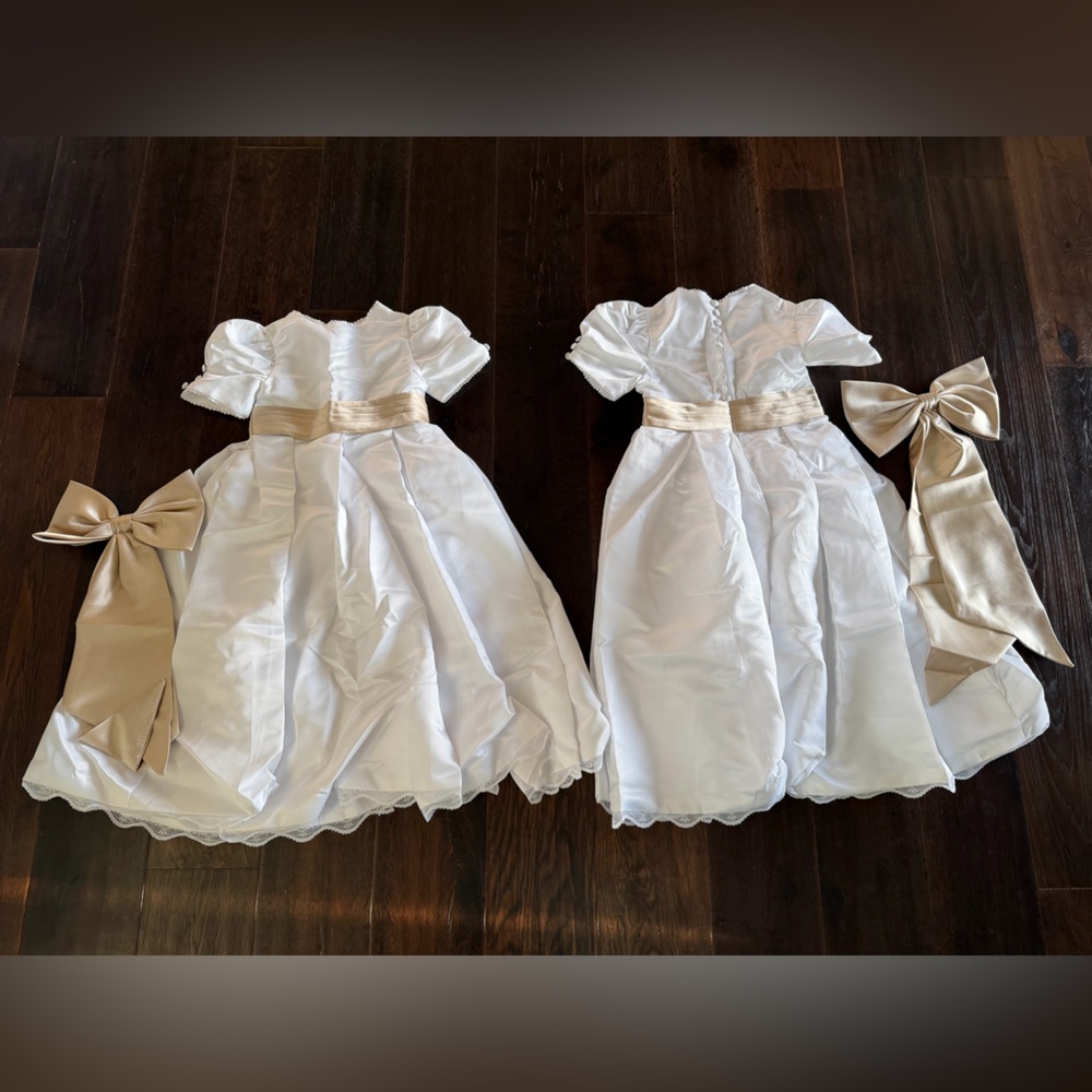 Elegant White Jr Bridesmaids or Flower girl dresses with light gold Bows